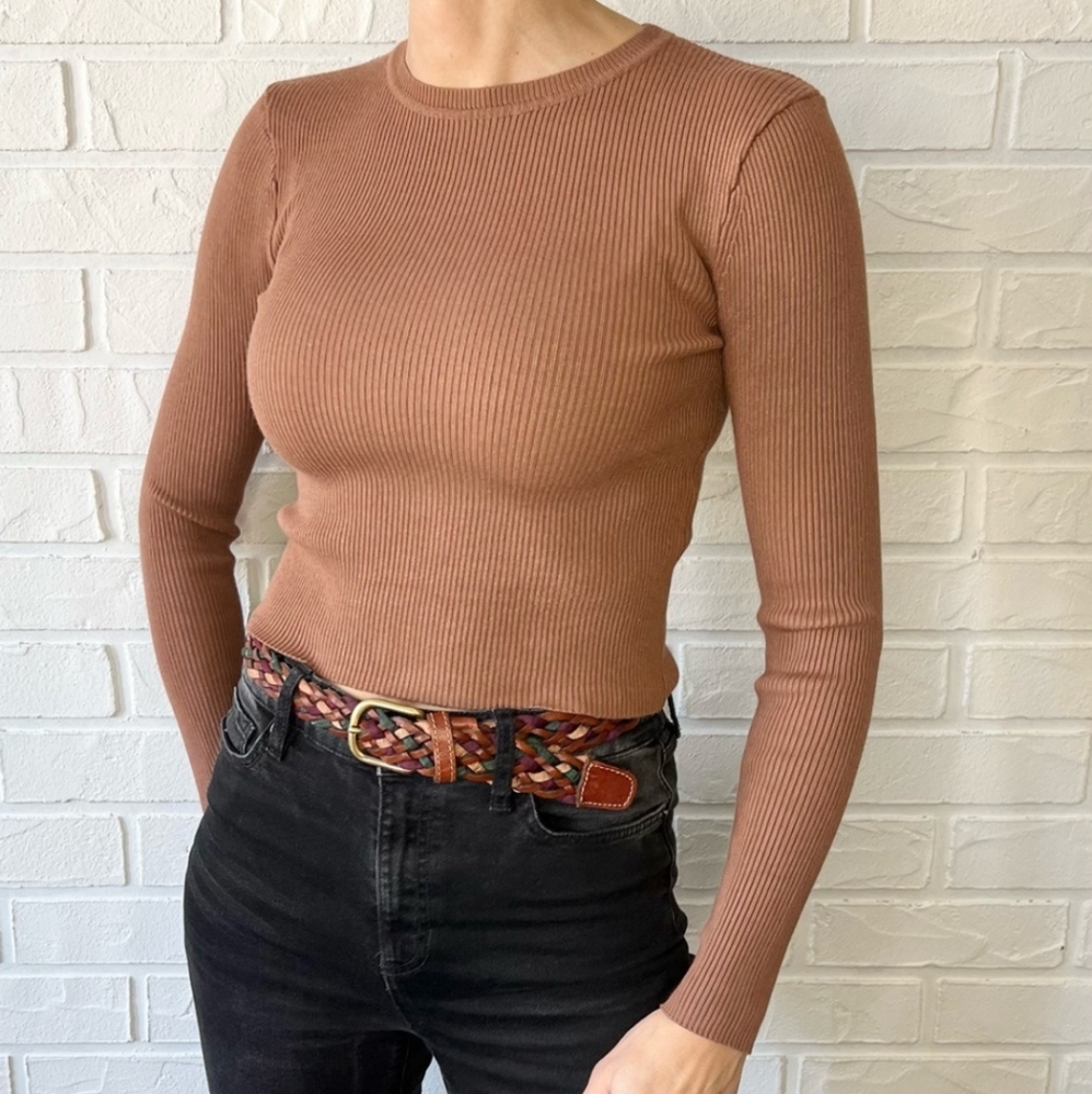 Zara cropped ribbed brown long sleeve top S